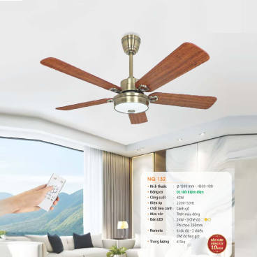 NQ 132: Quạt trần đèn LED 5 cánh - KT: Ø1300mm x H300mm + 400mm  - Đèn LED