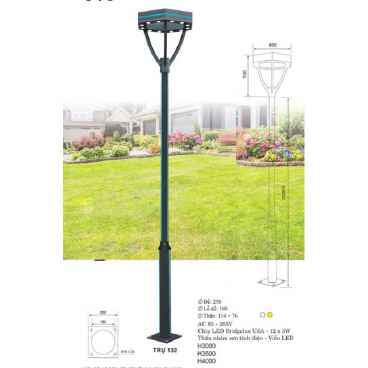 TRỤ 132: Đèn trụ sân vườn chất liệu hợp kim - Đèn LED - Cao 3000mm - Ánh sáng trắng/vàng