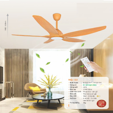 NQ 133: Quạt trần đèn LED 5 cánh - KT: Ø1520mm x H450mm + 550mm  - Đèn LED