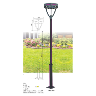 TRỤ 134: Đèn trụ sân vườn chất liệu hợp kim - Đèn LED - Cao 3000mm - Ánh sáng trắng/vàng
