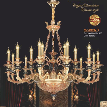 NC 1340/12+6: Đèn chùm đồng 18 tay - KT: Ø1150mm  x H1000mm + 600mm - Bóng  đèn chân E14*18 bóng