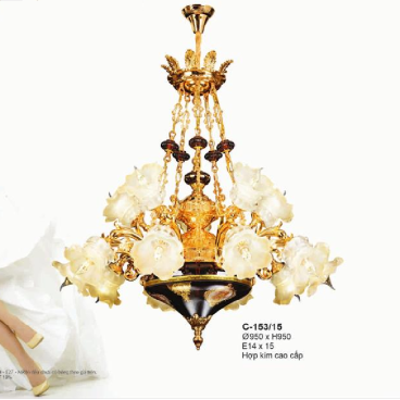 E - C - 153/15: Đèn chùm thả 15 tay -  KT: Ø950mm x H 950mm - Bóng đèn chân E27 x 15 bóng
