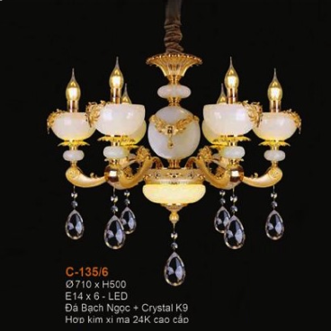 E - C - 135/6: Đèn chùm 6 tay chao đá - KT: Ø710mm x H500mm - Bóng đèn E14 x 6 bóng + Đèn LED