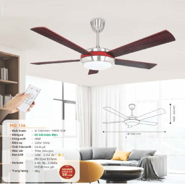 NQ 136: Quạt trần đèn LED 5 cánh - KT: Ø1360mm x H400mm + 500mm  - Đèn LED