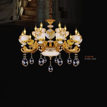 E - C-137/15: Đèn chùm 15 tay chao đá bạch ngọc - KT: Ø1000mm x H600mm - Bóng đèn E14 x 15 bóng + Đèn LED