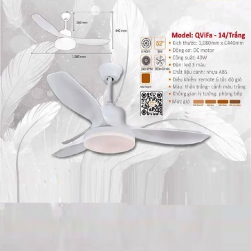 QViFa - 14/Trắng: Quạt trần đèn LED 3 cánh Nhựa màu trắng