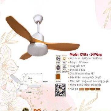 QViFa - 14/Vàng: Quạt trần đèn 3 cánh Nhựa