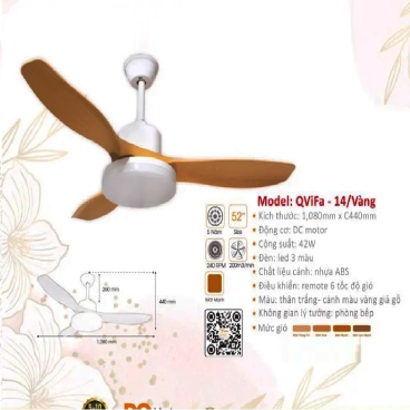 QViFa - 14/Vàng: Quạt trần đèn 3 cánh Nhựa