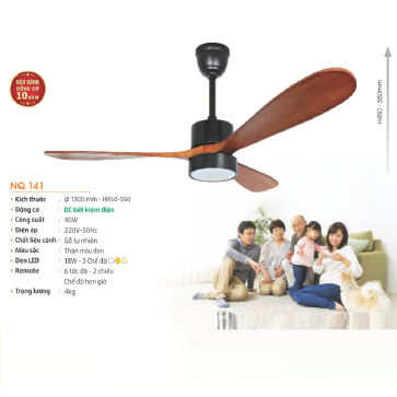NQ 141: Quạt trần đèn 3 cánh - KT: Ø1300mm x H450mm + 550mm