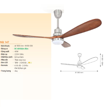 NQ 147: Quạt trần đèn 3 cánh - KT: Ø1300mm x H450mm + 550mm