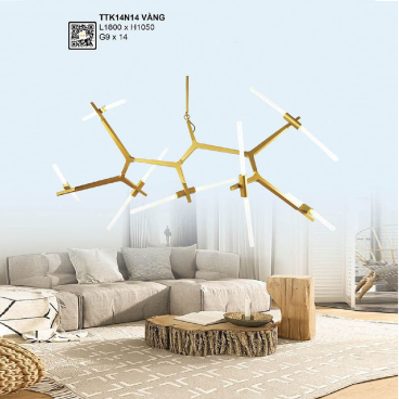TTK14N14 Vàng: Đèn chùm thanh ống thủy tình 14 bóng - KT: L1800mm x H1050mm - Bóng đèn LED G9 x 14 bóng