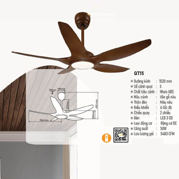 QT15: Quạt trần 5 cánh nhựa, đèn LED