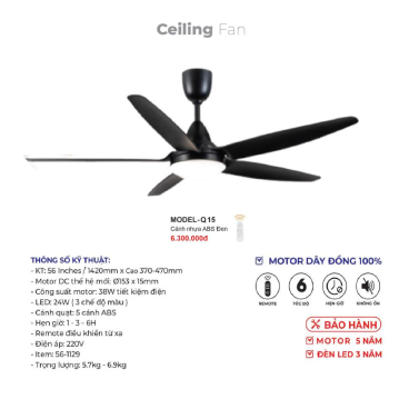 MODEL - Q.15: Quạt trần đèn 5 cánh nhựa ABS
