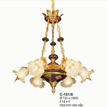 E - C - 151/6: Đèn chùm thả 6 tay - KT: Ø720mm x H800mm - Bóng đèn chân E27x 6 bóng