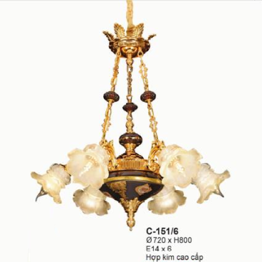 E - C - 151/6: Đèn chùm thả 6 tay - KT: Ø720mm x H800mm - Bóng đèn chân E27x 6 bóng