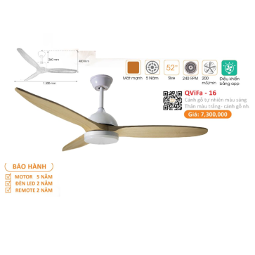 QVifa - 16: Quạt trần đèn 3 cánh gỗ