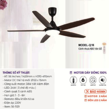 MODEL - Q16: Quạt trần đèn LED 5 cánh nhựa ABS màu Vân gỗ