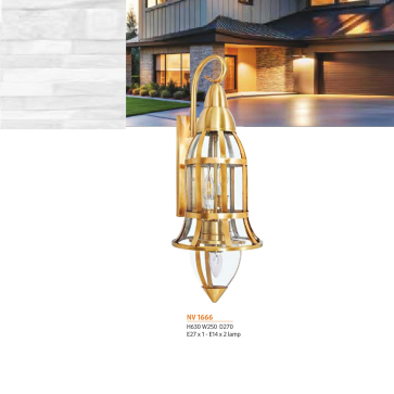 NV 1666: Đèn gắn tường đồng chao thủy tinh - KT: L270mm x W250mm x H630mm - Bóng đèn E27 x 1 + E14 x 2