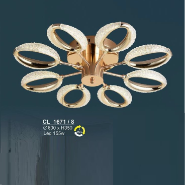 S - CL 1671/8: Đèn chùm  LED 8 Tay - KT: Ø600mm x H350mm - Đèn LED 155W ánh sáng đổi 3 màu