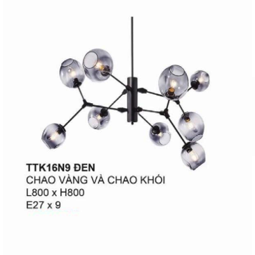 TTK16N9 ĐEN: Đèn chùm thân đen, chao đèn thủy tinh màu vàng / màu khói - KT: L800mm x H800mm - Bóng đèn E27 x 9 bóng