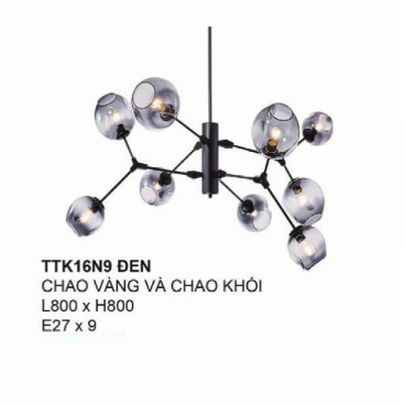 TTK16N9 ĐEN: Đèn chùm thân đen, chao đèn thủy tinh màu vàng / màu khói - KT: L800mm x H800mm - Bóng đèn E27 x 9 bóng