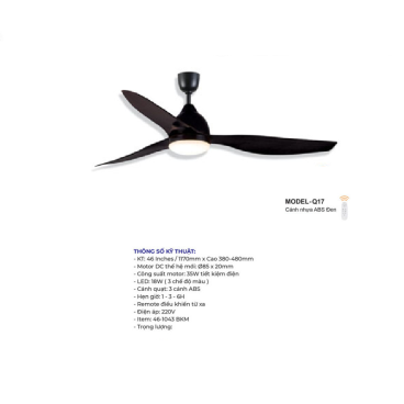MODEL - Q17: Quạt trần đèn 3 cánh nhựa ABS màu đen
