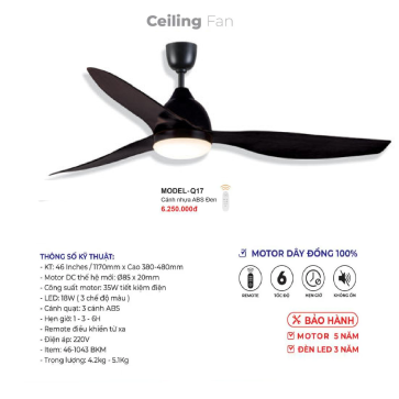 MODEL - Q.17: Quạt trần đèn 3 cánh nhựa ABS