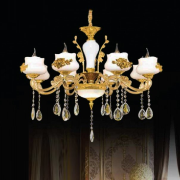 CNQT - 172/8 tay: Đèn chùm nến 8 tay, chao thủy tinh khảm hoa văn - KT: Ø700mm x H900mm - Bóng đèn nến E14 x 8 bóng