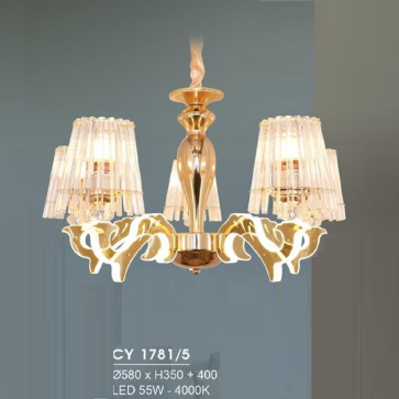 HF - CY 1781/5 : Đèn chùm LED 5 tay -  KT: Ø580mm x H350mm + 400mm - Đèn LED 55W ánh sáng vàng 4000K