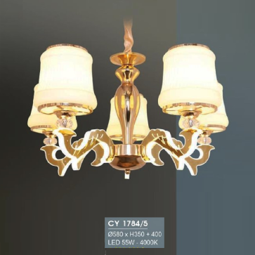 HF - CY 1784/5: Đèn chùm LED 5 tay -  KT: Ø580mm x H350mm+400mm - Đèn LED 55 W ánh sáng vàng 4000K