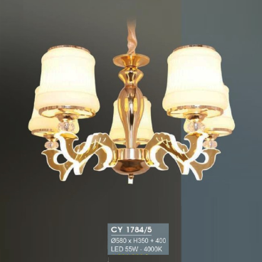 HF - CY 1784/5: Đèn chùm LED 5 tay -  KT: Ø580mm x H350mm+400mm - Đèn LED 55 W ánh sáng vàng 4000K