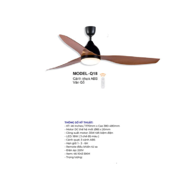 MODEL - Q18: Quạt trần đèn 3 cánh nhựa ABS màu Vân Gỗ
