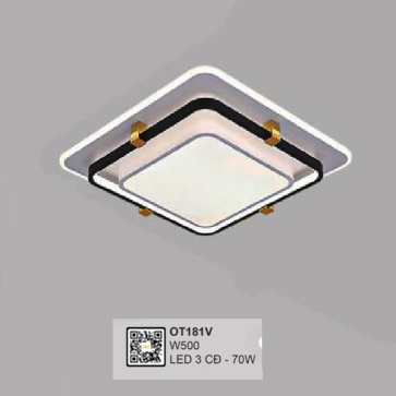 OT181V: Đèn áp trần Vuông LED - KT:  W500mm - Đèn LED 70W đổi 3 màu