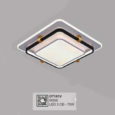 OT181V: Đèn áp trần Vuông LED - KT:  W500mm - Đèn LED 70W đổi 3 màu