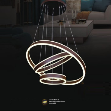 CODE: 1839C-3: Đèn thả 3 vòng LED sáng 2 đầu - KT: Ø800mm + Ø600mm + Ø400mm - Đèn LED đổi 3 màu