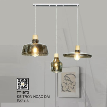 TT19T3: Bộ đèn thả 3 chao thủy tinh - Sử dụng đế dài hoặc tròn - Bóng đèn E27 x 3 bóng