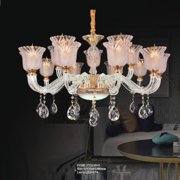 CODE: 2002/10+5: Đèn chùm 15 tay chao thủy tinh - KT: Ø900mm x H1000mm - Bóng đèn LED + E14 x 15 bóng