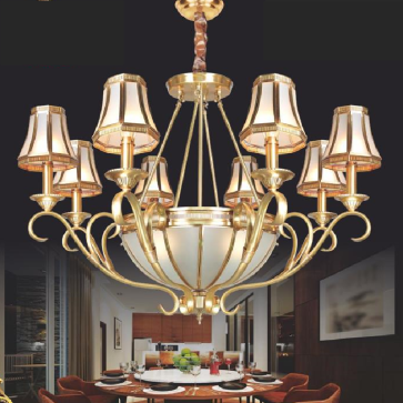 NC 20153/8:  Đèn chùm đồng 8 tay, cháo thủy tinh - KT: Ø900mm  x H700mm + 600mm - Bóng  đèn chân  E27 x 3 bóng + E14 x 8 bóng