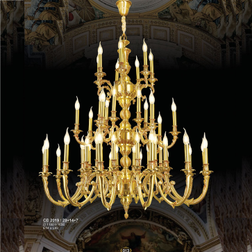 S - CD 2019/28+14+7: Đèn chùm đồng nến 49 tay - KT: Ø1180mm x H1650mm - Bóng đèn E14 x 49 bóng