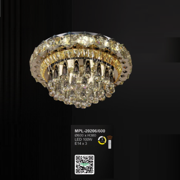 A  - MPL - 20206/600: Đèn áp trần Phale LED - KT: Ø600mm x H380mm -  Bóng đèn E14 x 3 bóng + Đèn LED 100W ánh sáng đổi 3 màu