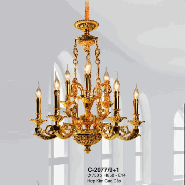 E - C - 2077/9+1: Đèn chùm nến 10 tay - KT: Ø750mm x H850mm - Bóng đèn nến E14 x 10 bóng