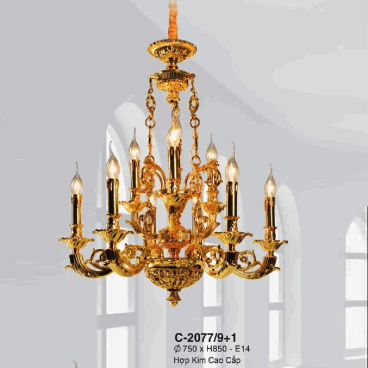 E - C - 2077/9+1: Đèn chùm nến 10 tay - KT: Ø750mm x H850mm - Bóng đèn nến E14 x 10 bóng