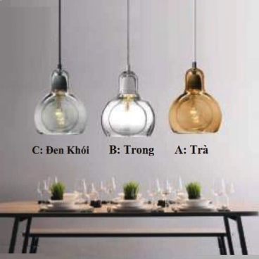 THCN 208A -19: Đèn thả đơn, chao thủy tinh màu ( Đen khói, Trong, Trà) - KT: Ø180mm x H900mm - Bóng đèn E27 x 1 bóng