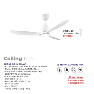 MODEL - Q.21: Quạt trần đèn 3 cánh nhựa ABS