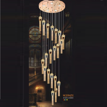 NC 2194/21: Đèn thả thông tầng thanh thủy tinh - KT: Ø500mm x H2800mm - Đèn LED ánh sáng vàng