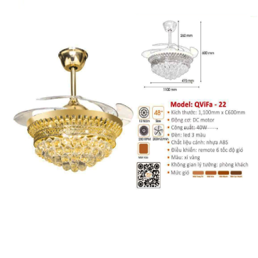 QViFa - 22: Quạt trần đèn LED Phale  cánh Nhựa xếp