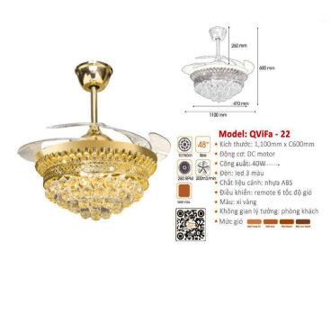 QViFa - 22: Quạt trần đèn LED Phale  cánh Nhựa xếp