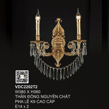VDC2202T2: Đèn gắn tường đồng đôi - KT: W380mm x H360mm - Bóng đèn chân E14 x 2