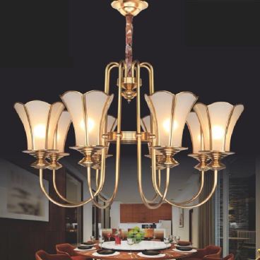 NC 2208/8:  Đèn chùm đồng 8 tay, chao thủy tinh - KT: Ø900mm x H700mm + 600mm - Đèn E 14 x 8 bóng