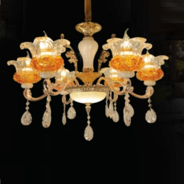 CNQT - 226/6 tay : Đèn chùm nến chao thủy tinh - KT: Ø650mm x H900mm - Bóng đèn nến E14 x 6 bóng